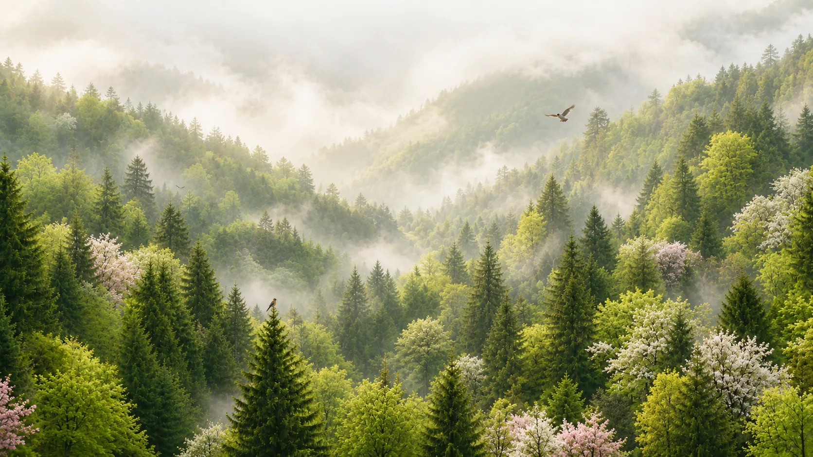 A blooming evergreen forest in summer light
